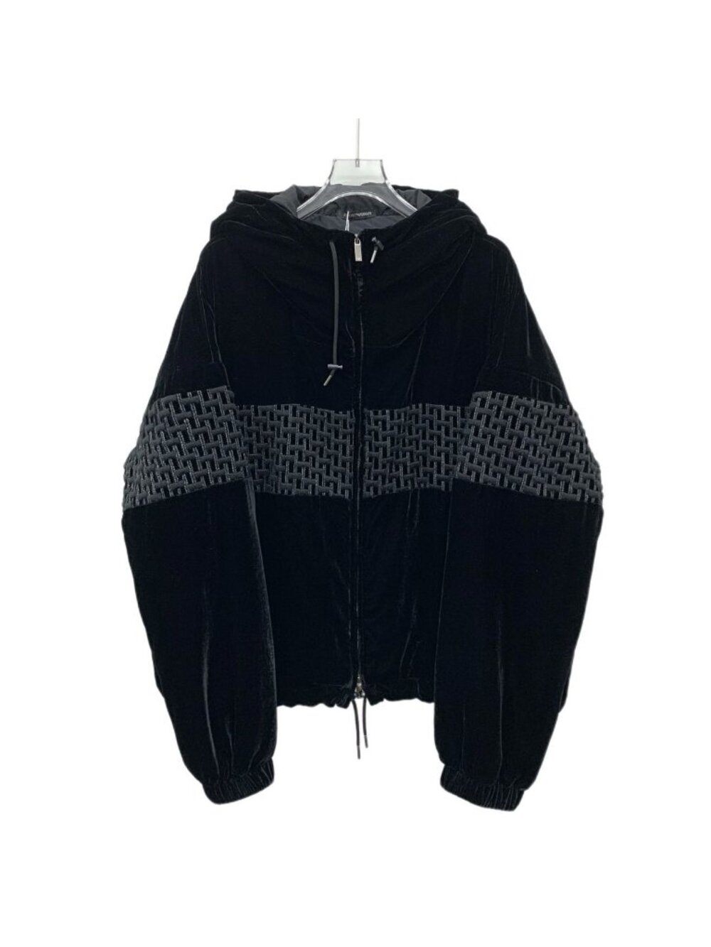 Armani Black Embroidered Velvet Hooded Drawstring Zip Jacket
